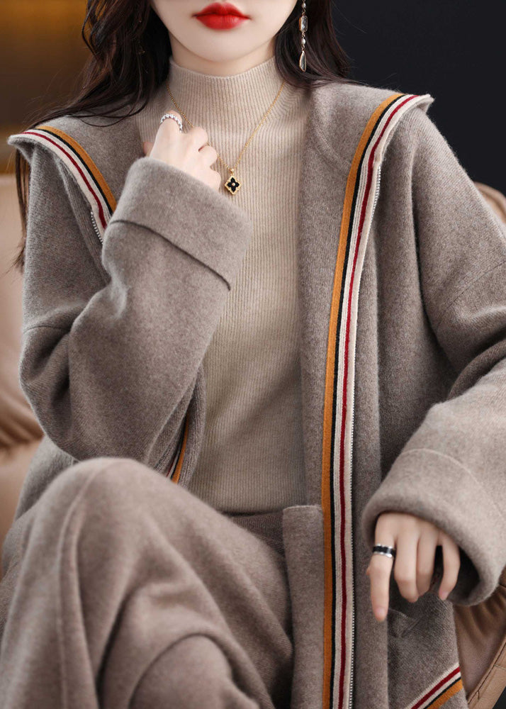 Cardigan à capuche en laine beige zippé et confortable, style patchwork, hiver WV020