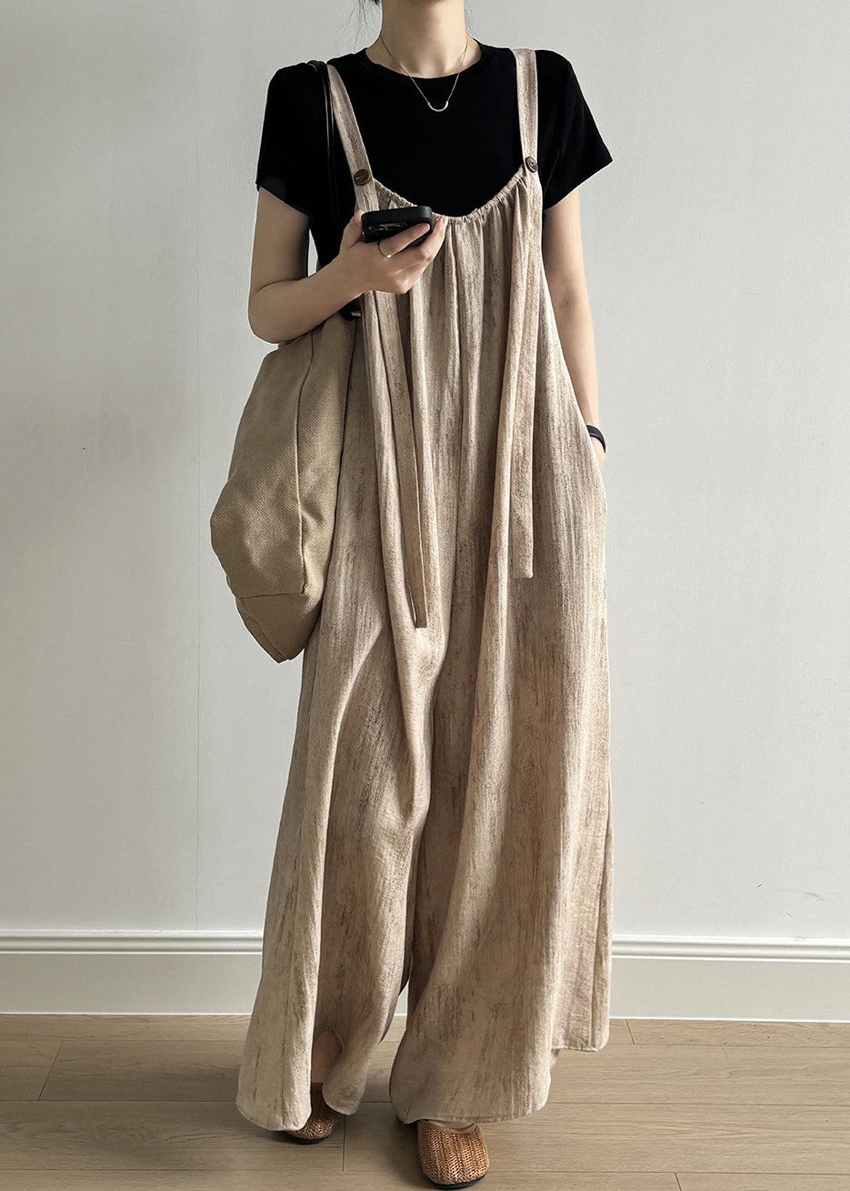 Ärmelloser Jumpsuit mit Knöpfen aus Leinen für Damen mit Taschen