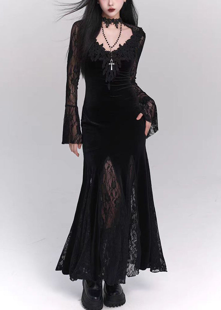 Seide Bohemian Kleider Patchwork Samt Schwarz Hohl Spitze Maxi Out