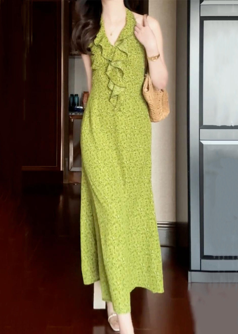 Nouvelle robe imprimée à volants en coton vert sans manches longue