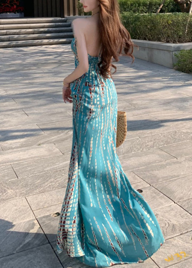 Robe imprimée sans manches dos nu bleu vacances coton élégant