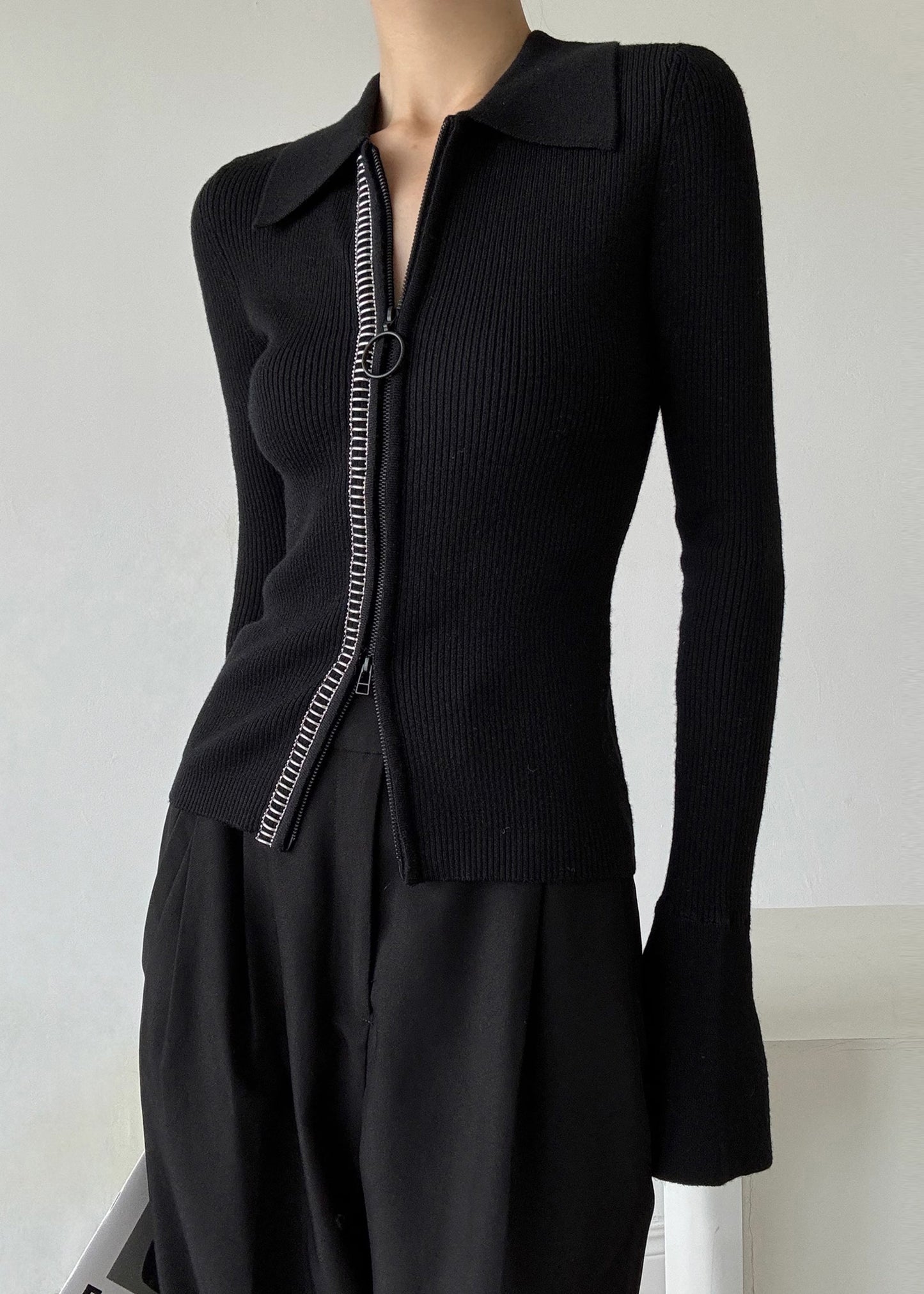 Pull en laine noir italien à col Peter Pan et fermeture éclair, style patchwork, hiver RV028