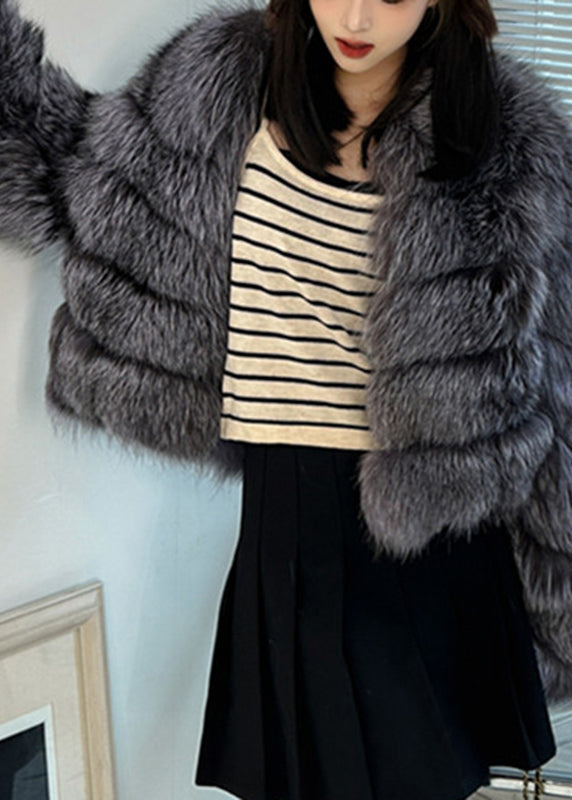 Veste d'hiver grise en cuir et fourrure patchwork WV010