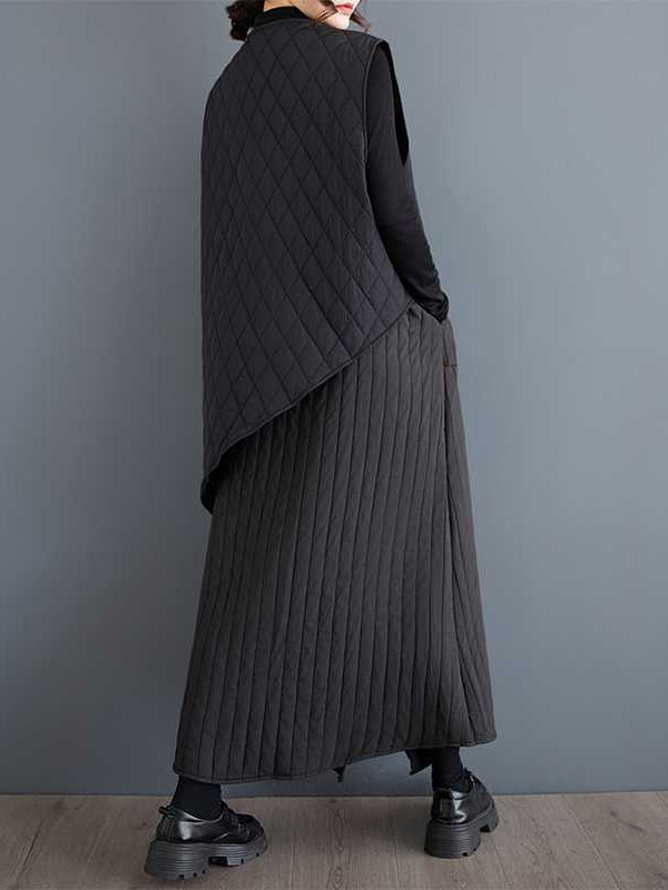 Lässige schwarze asymmetrische Steppweste mit Rundhalsausschnitt und Knöpfen, ärmellos, gepolstert TW014
