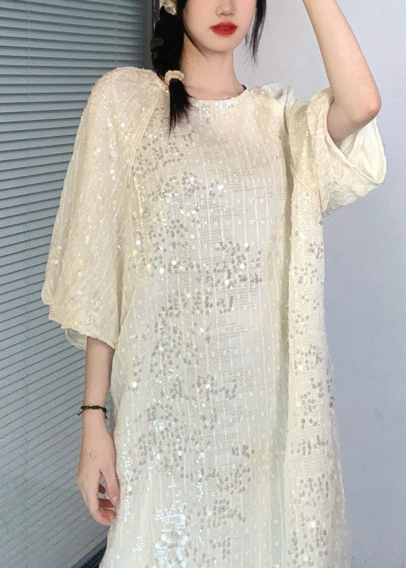 French Apricot O-Ausschnitt Pailletten Midikleid Sommer AO1066