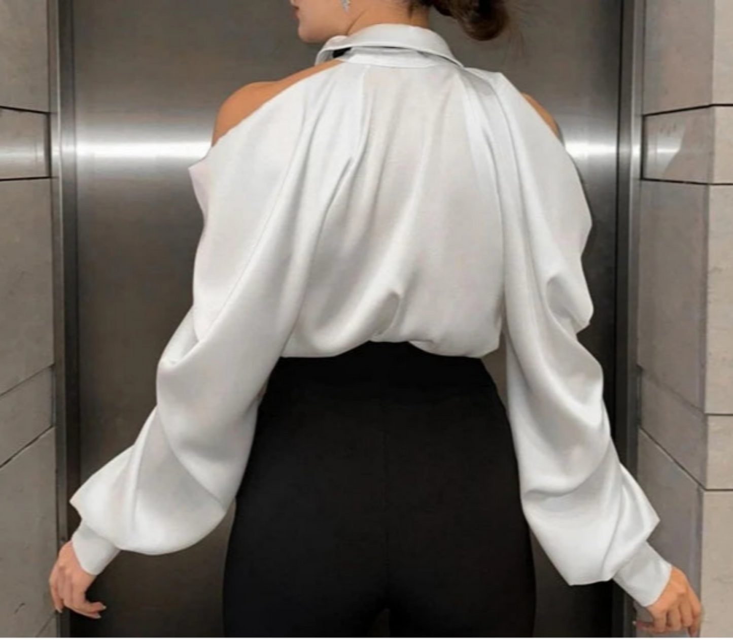 Satin Off Tie Top Ärmel Party Lange Schulter Revers Weiß mit