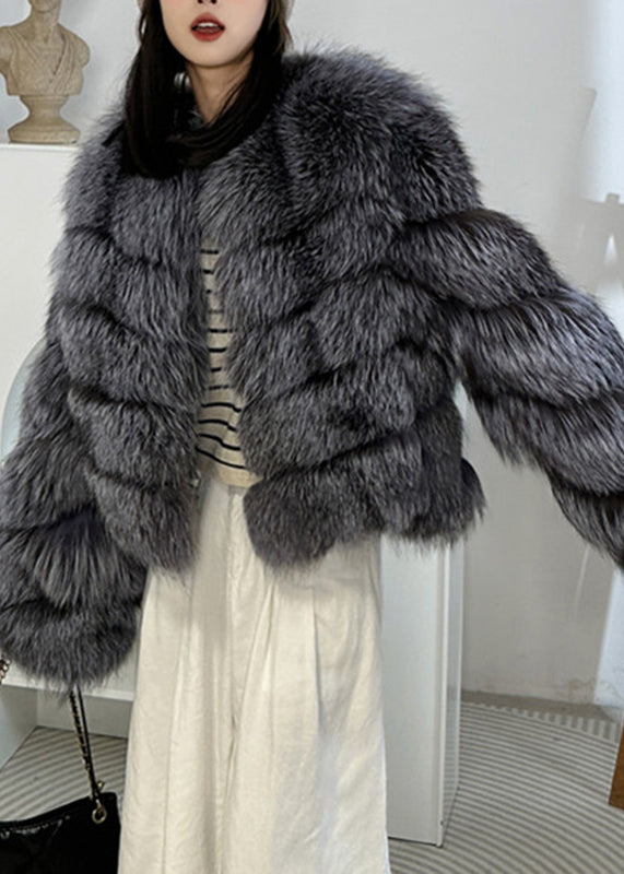 Veste d'hiver grise en cuir et fourrure patchwork WV010