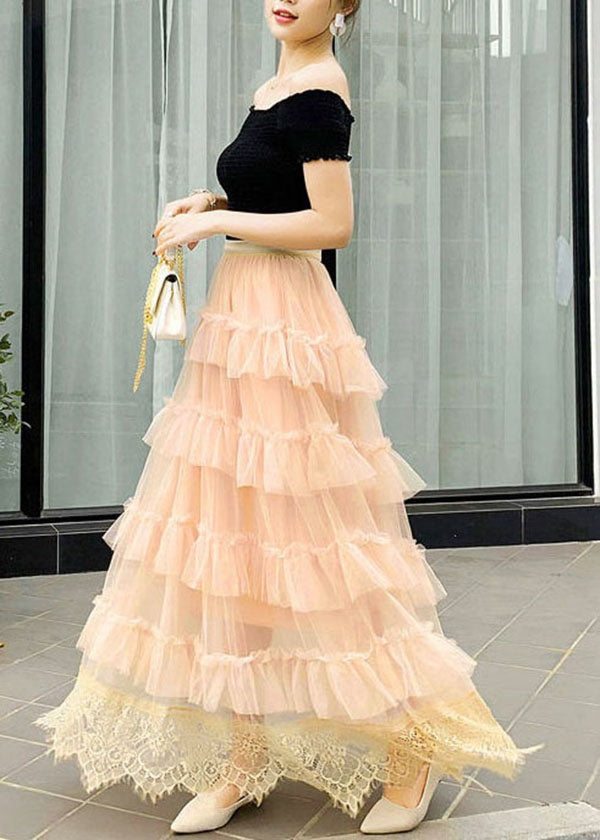 Jupes en tulle patchwork en dentelle froissée abricot mignonnes printemps AZ1021