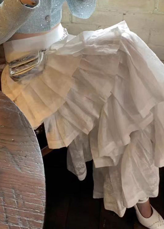 Jupe bohème blanche froissée taille haute en coton été AZ1043
