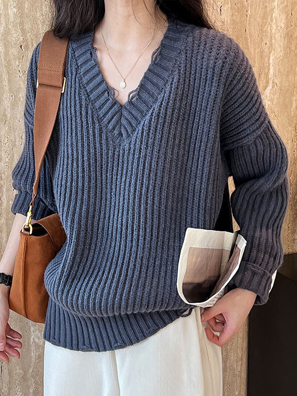 Pull en tricot à manches longues et col en V Urban Fuchsia AN1046