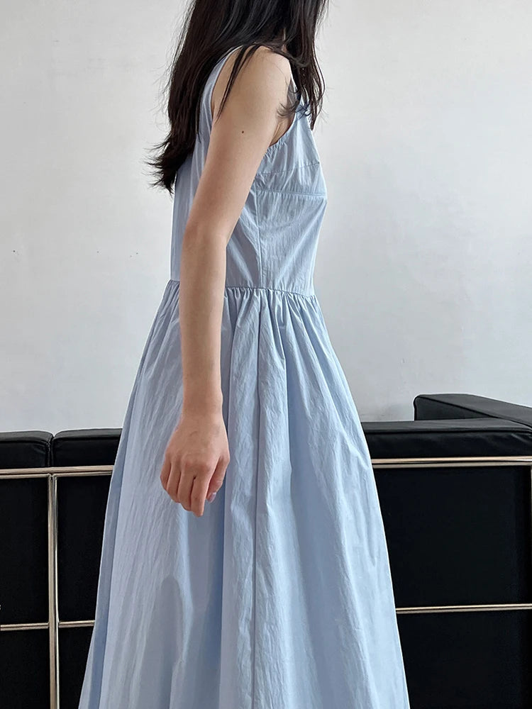 Patchwork-Kleid mit O-Ausschnitt, schlicht, ärmellos, blau, Puffsaum