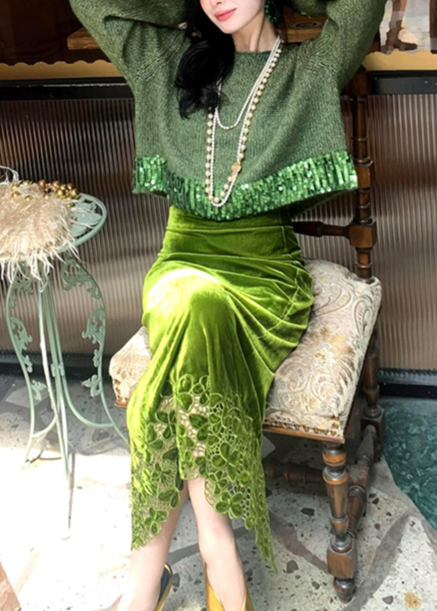 Ensemble deux pièces en tricot de coton vert ajouré et jupe longue, tendance hiver WV002