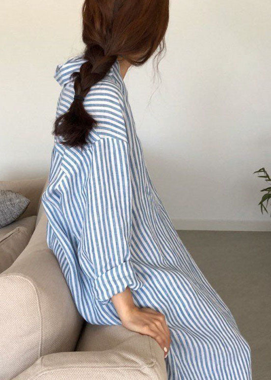 Pan Peter Kleid Frühling Moderne Hemden Blau Kragen Gestreiften Baumwolle