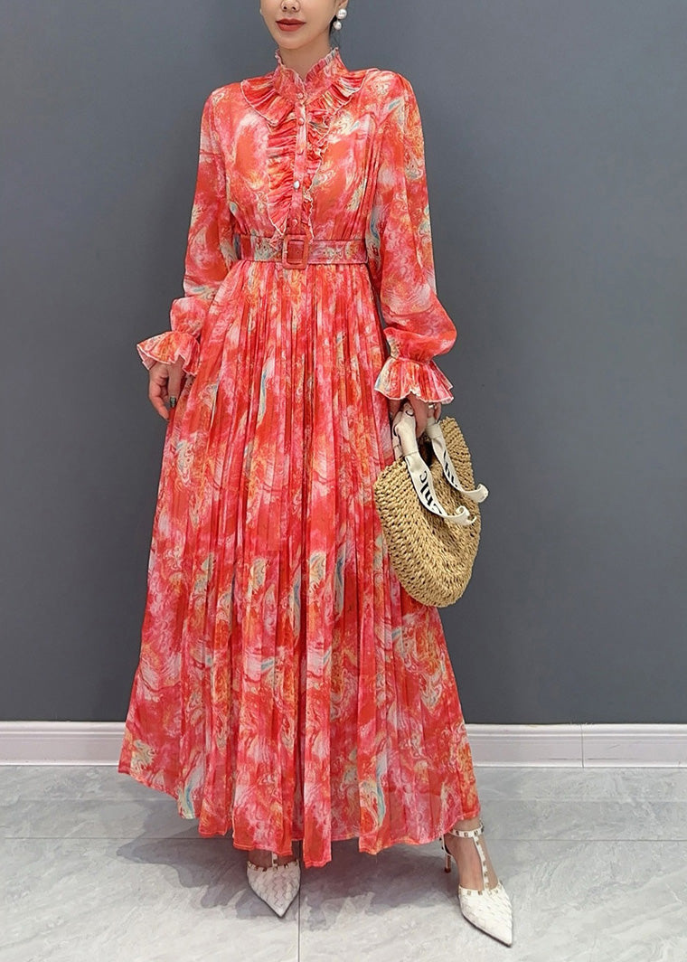 Kragen Print Mode Lange Stand Chiffon Schärpen Kleid Rot