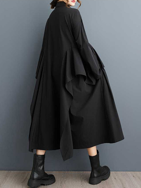 Einzigartiges schwarzes Langarmkleid mit geknöpftem Patchwork-Rüschenbesatz und Revers TW018
