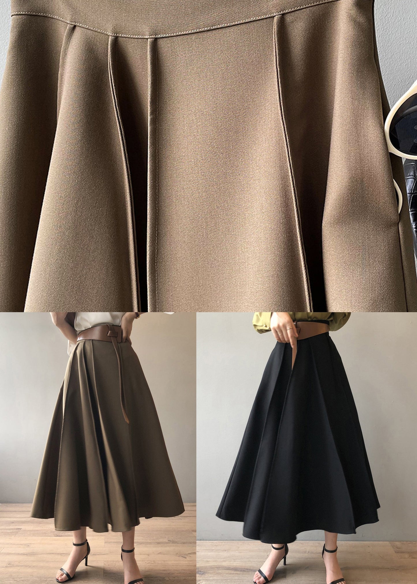 Jupe kaki française taille haute froissée à ourlet extra large automne WD024