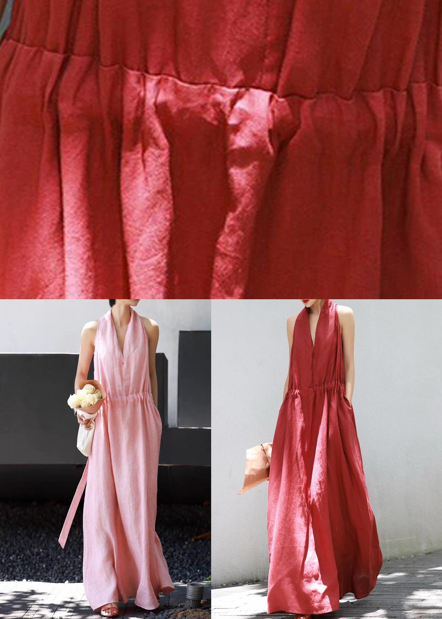 Robe longue en lin rose sans manches avec poches à nouer à la taille