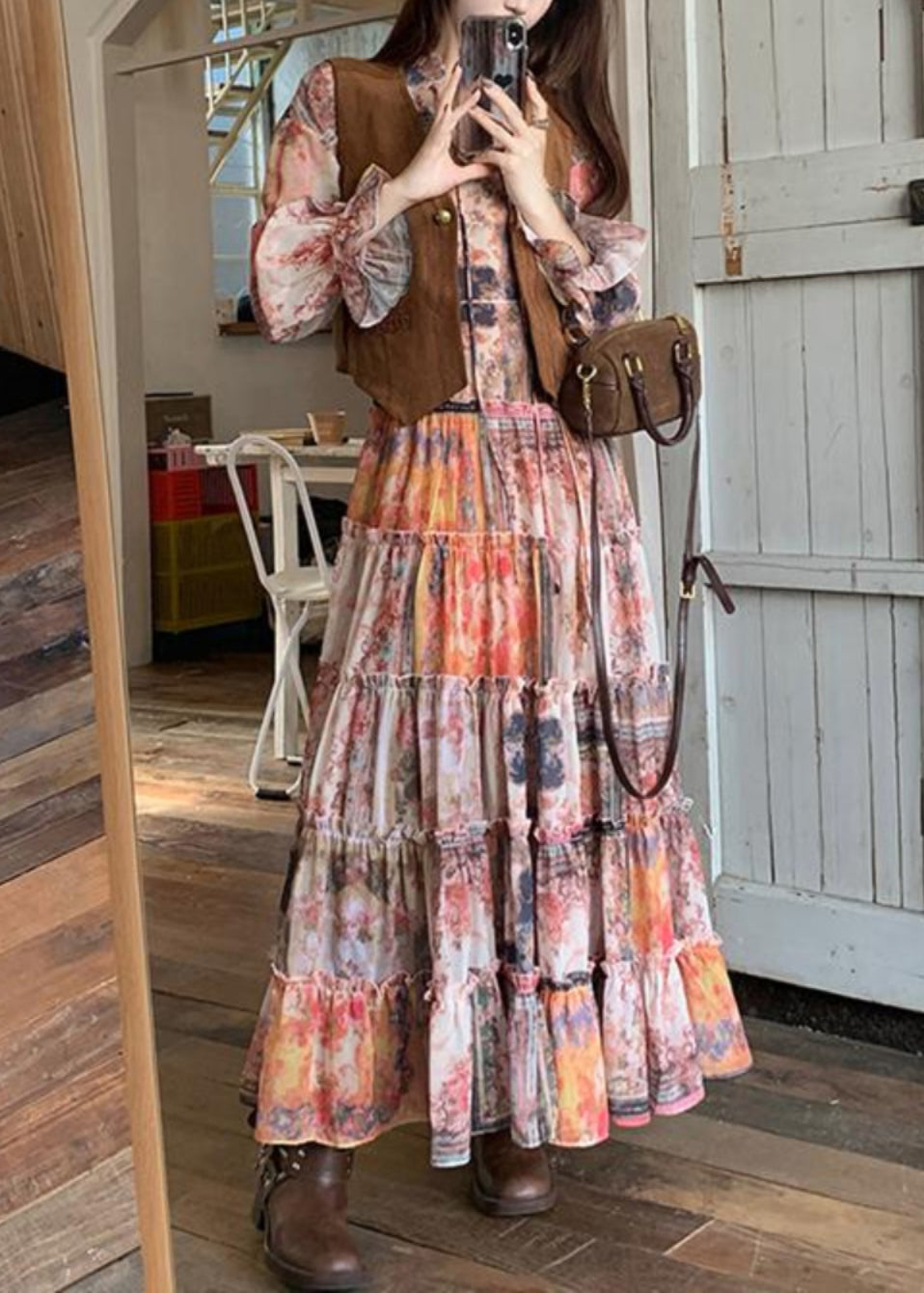Kleid Braun Und Rüschen Wildleder Faux Elegante Weste Zwei-Stück