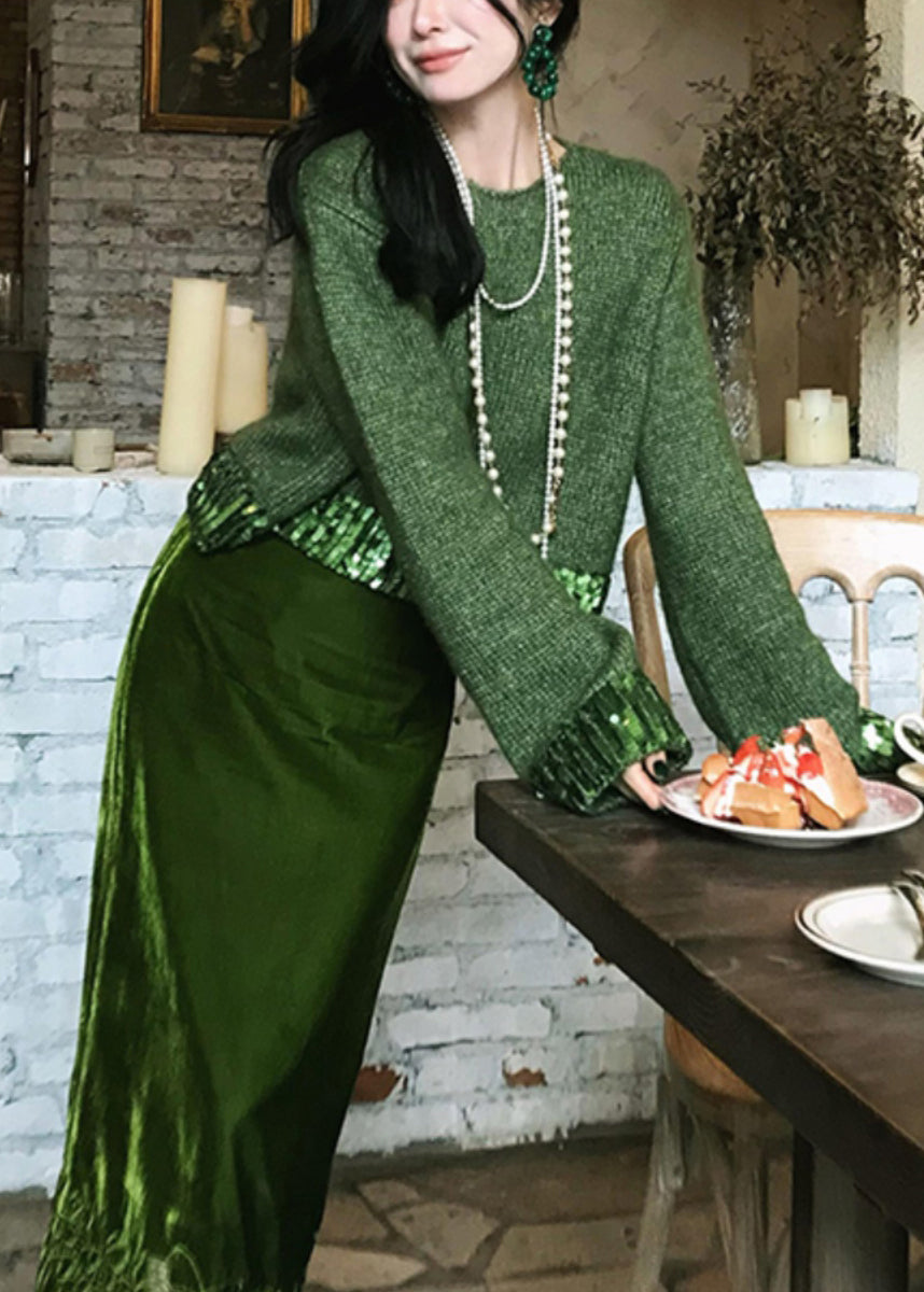 Ensemble deux pièces en tricot de coton vert ajouré et jupe longue, tendance hiver WV002