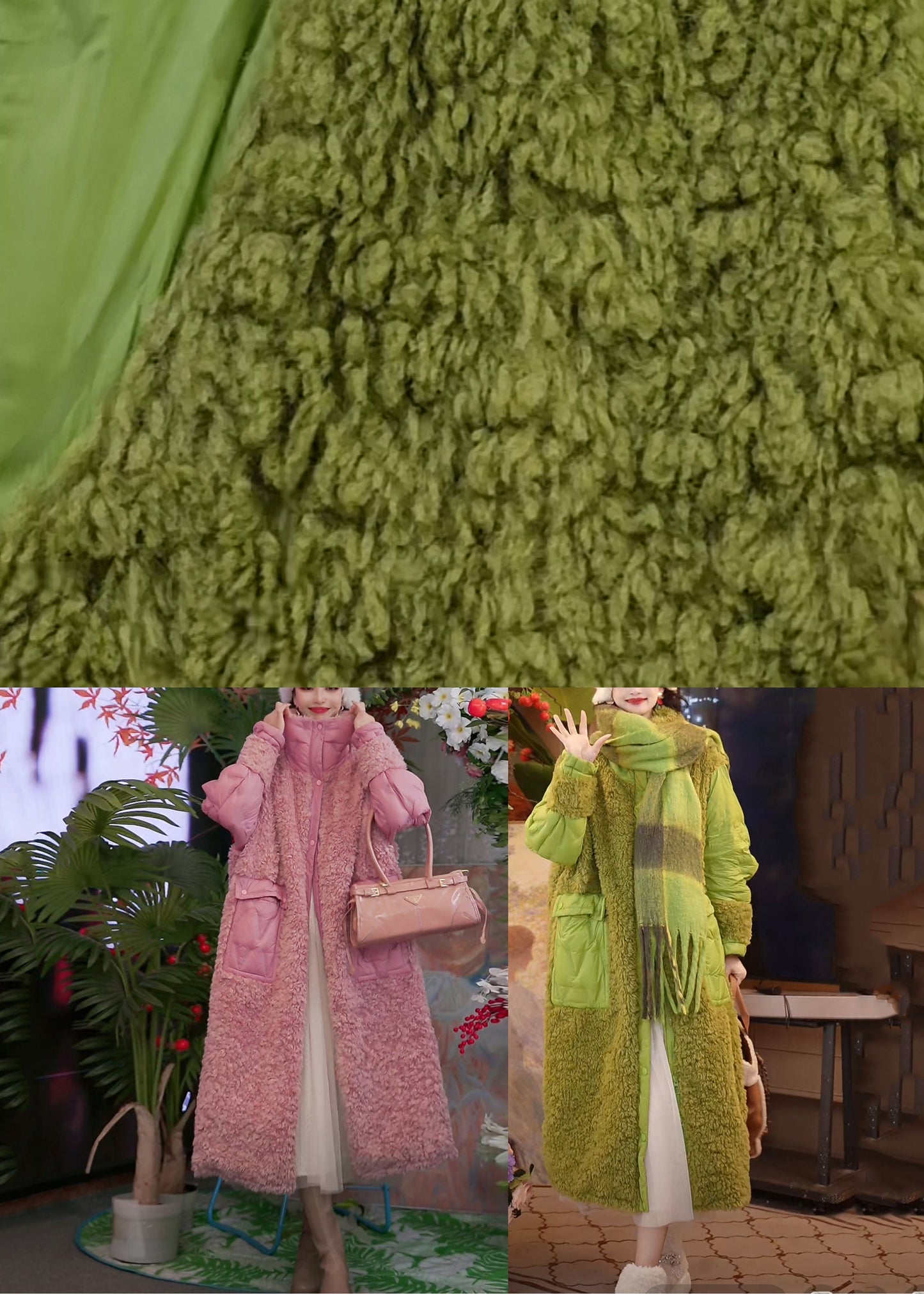 Parka longue patchwork rose à poches pour l'hiver WV007