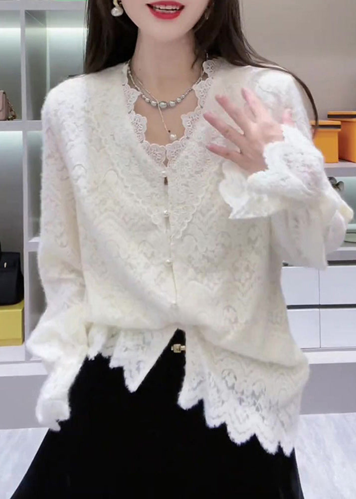 French Lace Neck White V Top Patchwork Spring