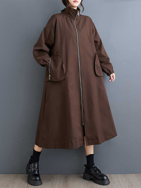 Trench-coat rétro kaki à col montant, poches zippées et manches longues TW005