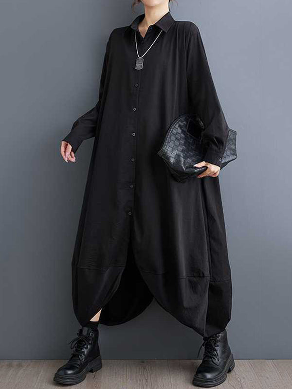 Stilvolles schwarzes A-Linien-Hemdkleid mit Revers, geknöpften Taschen, Blütenblattsaum und langen Ärmeln TW015