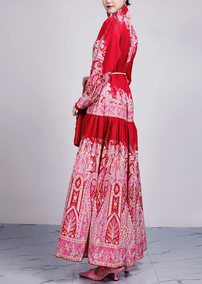 Neue rote Print Krawatte Taille Baumwolle lange Kleider Langarm AR1035