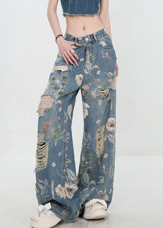 Pantalon d'été bleu unique en denim à imprimé troué