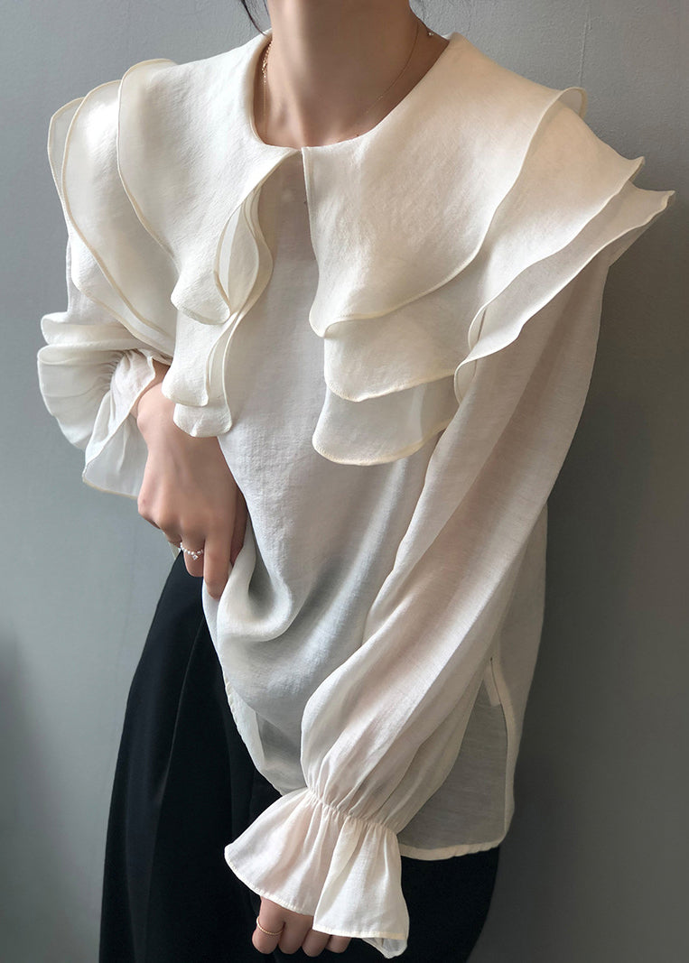 Chemise blanche en coton fin à volants et manches longues en patchwork AF1028