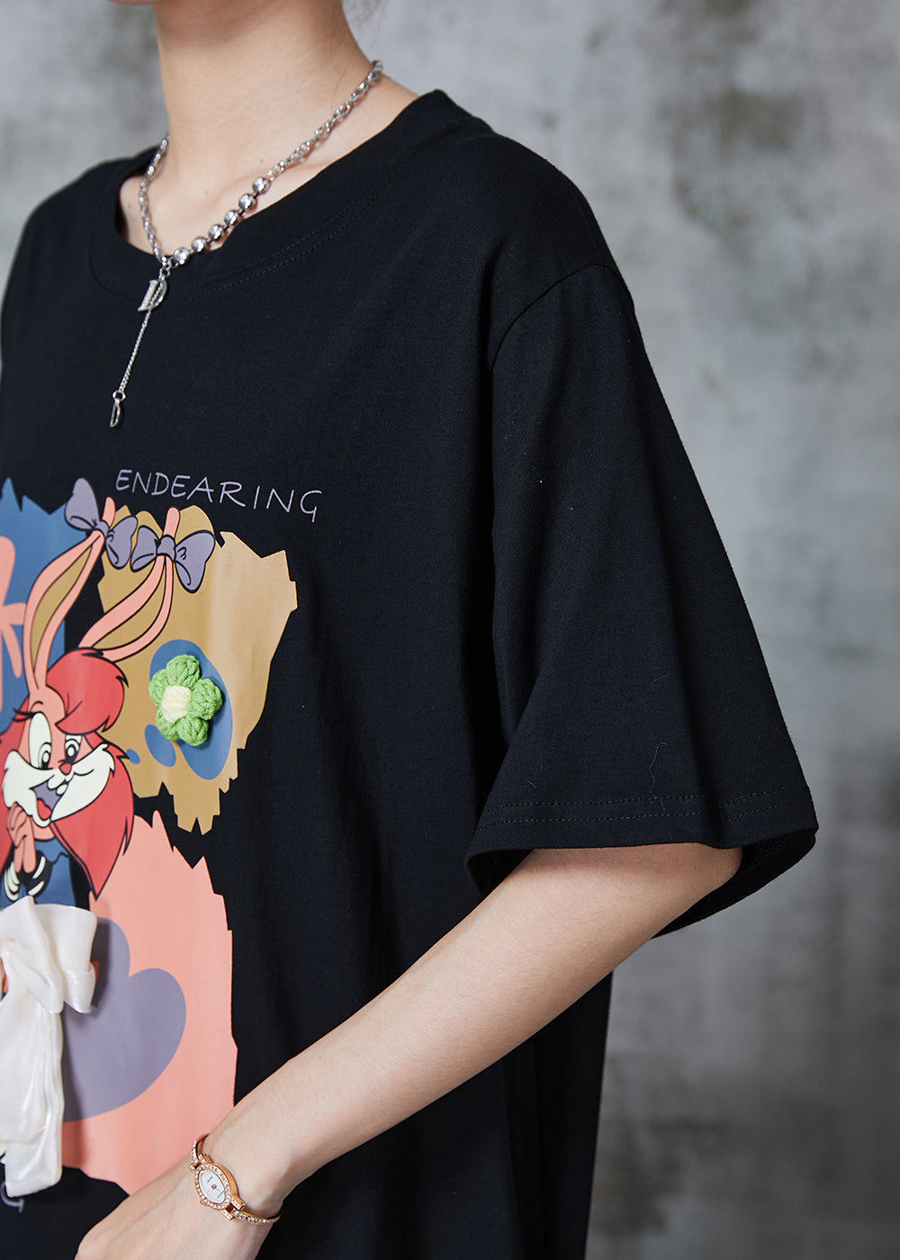 Lässiges schwarzes Cartoon-Schleifen-Patchwork-Maxikleid aus Baumwolle für den Sommer QA1017