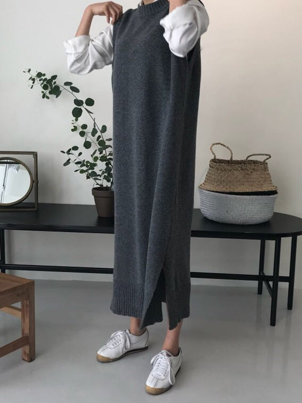 Urban Schwarzes ärmelloses Strickkleid mit Rundhalsausschnitt QX017