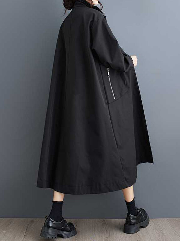 Trench-coat rétro kaki à col montant, poches zippées et manches longues TW005