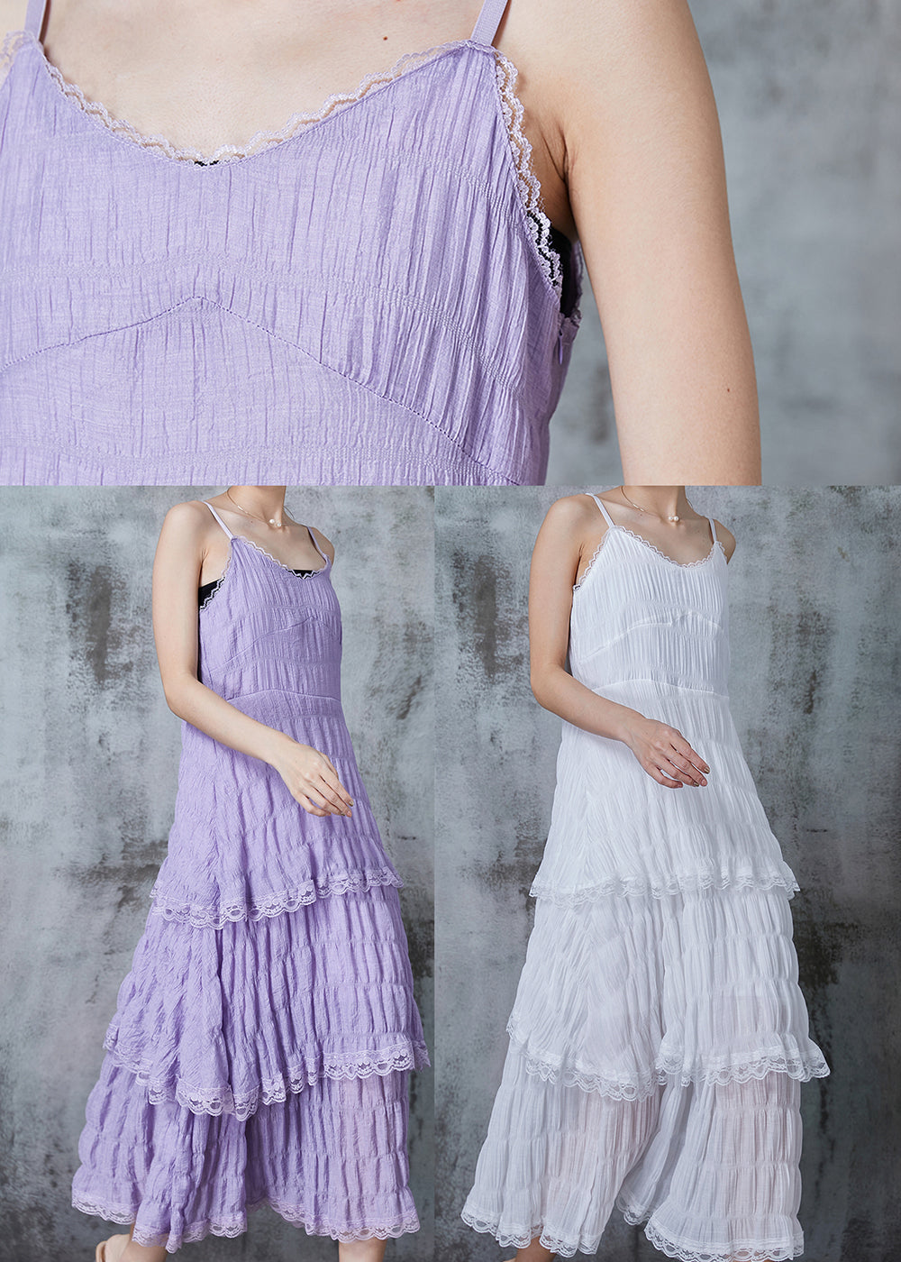Robe blanche à bretelles spaghetti en coton patchwork froissée pour l'été QA1024
