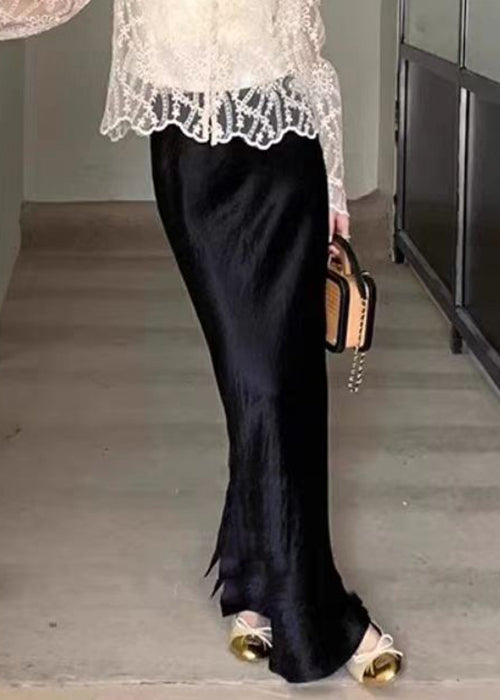 Jupe longue en soie noire à taille haute et ouverture latérale pour l'automne QP060