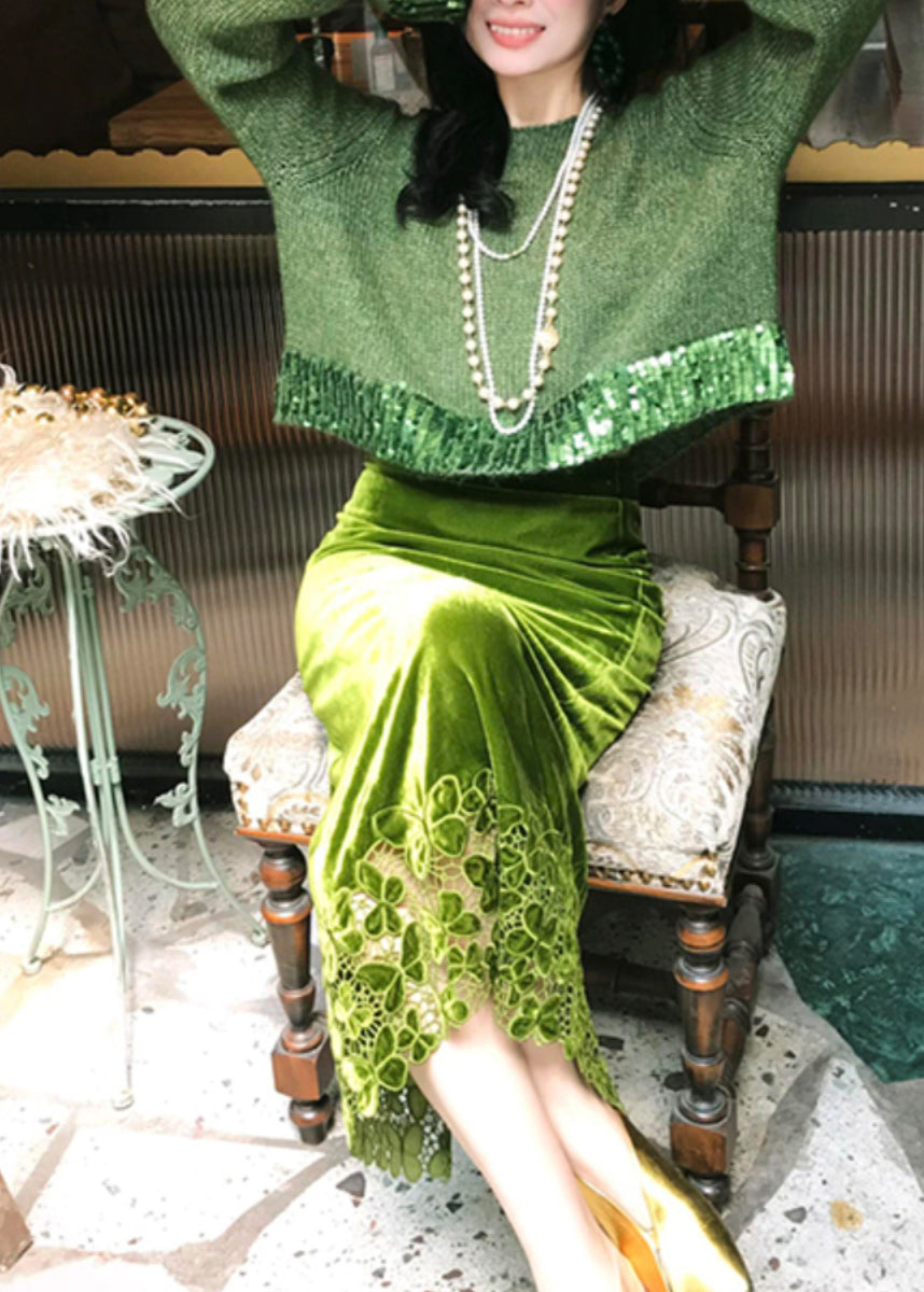 Ensemble deux pièces en tricot de coton vert ajouré et jupe longue, tendance hiver WV002