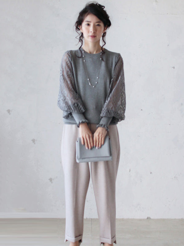 Pull noir à col rond et manches longues bouffantes en dentelle creuse et patchwork QX011