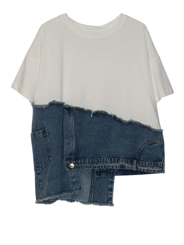 T-shirt court blanc à manches patchwork et ourlet rond en denim Street