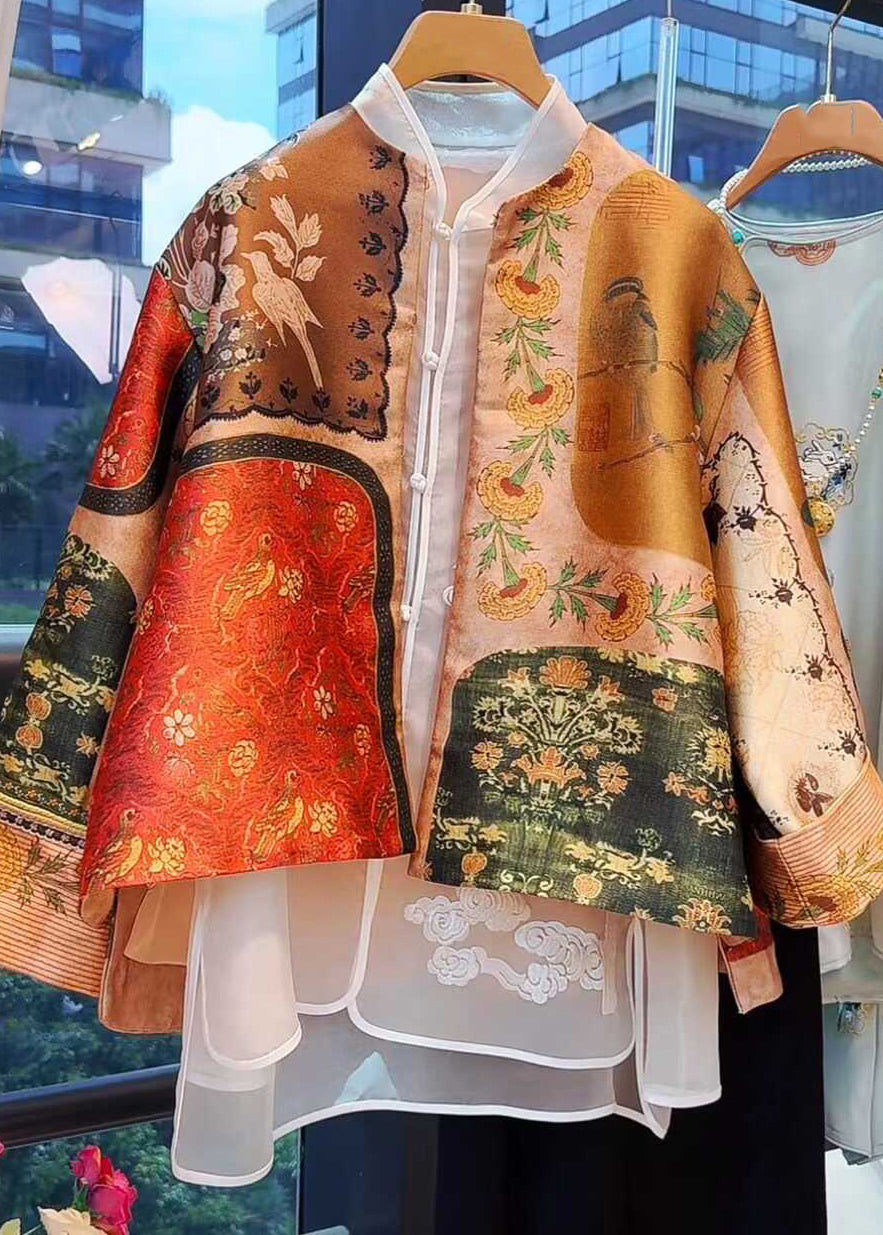 Gelber Seidenmantel im chinesischen Stil mit O-Ausschnitt und Print, Frühling TW026