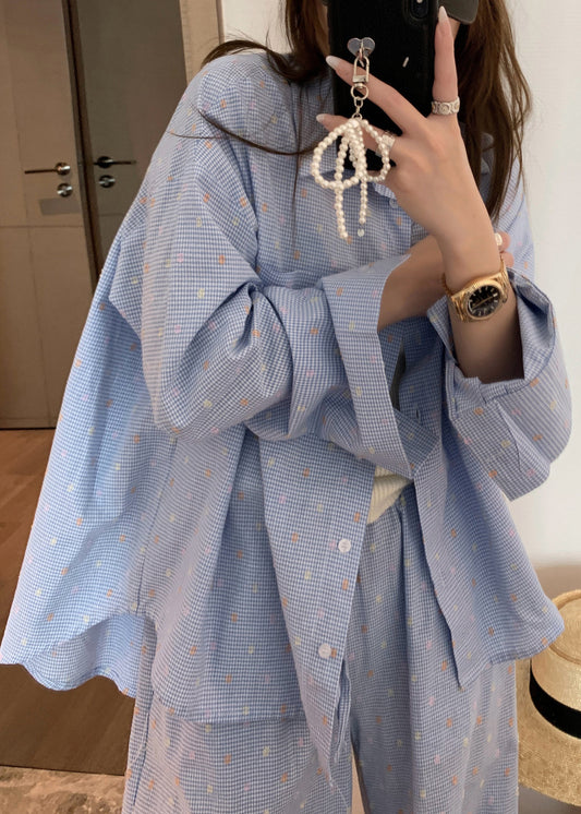 Urban Blue Plaid Stehkragen Knopf Baumwolle Blusen Frühling NN019