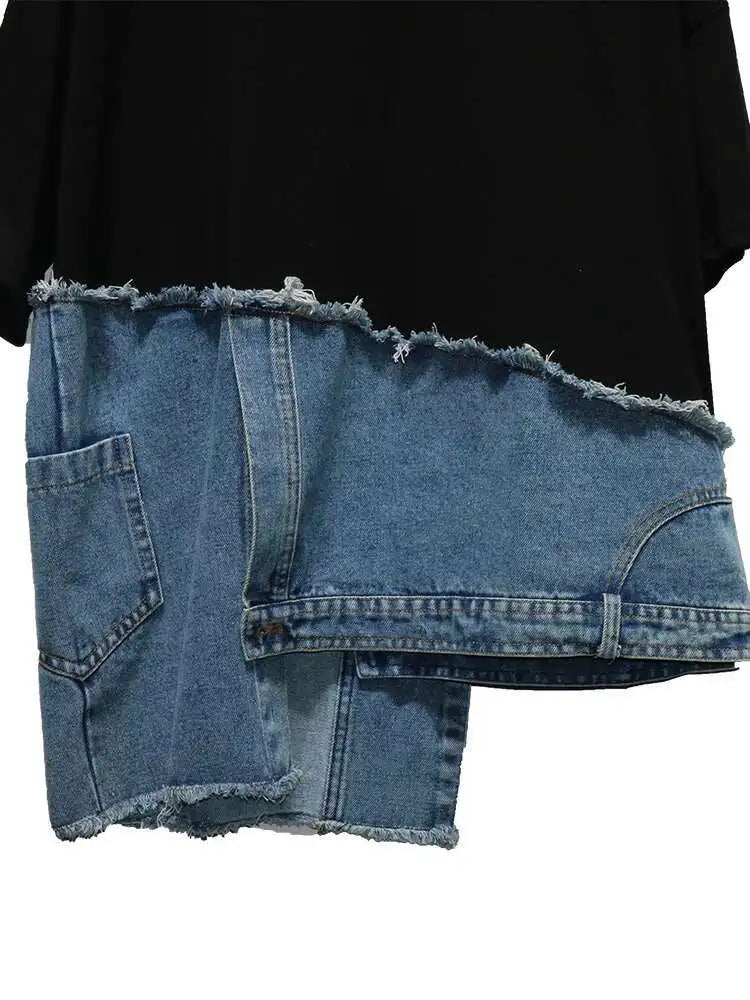 T-shirt court blanc à manches patchwork et ourlet rond en denim Street