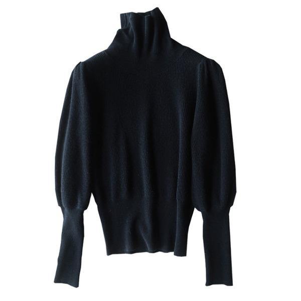 Pull en tricot noir élégant à col roulé et manches longues bouffantes TW001