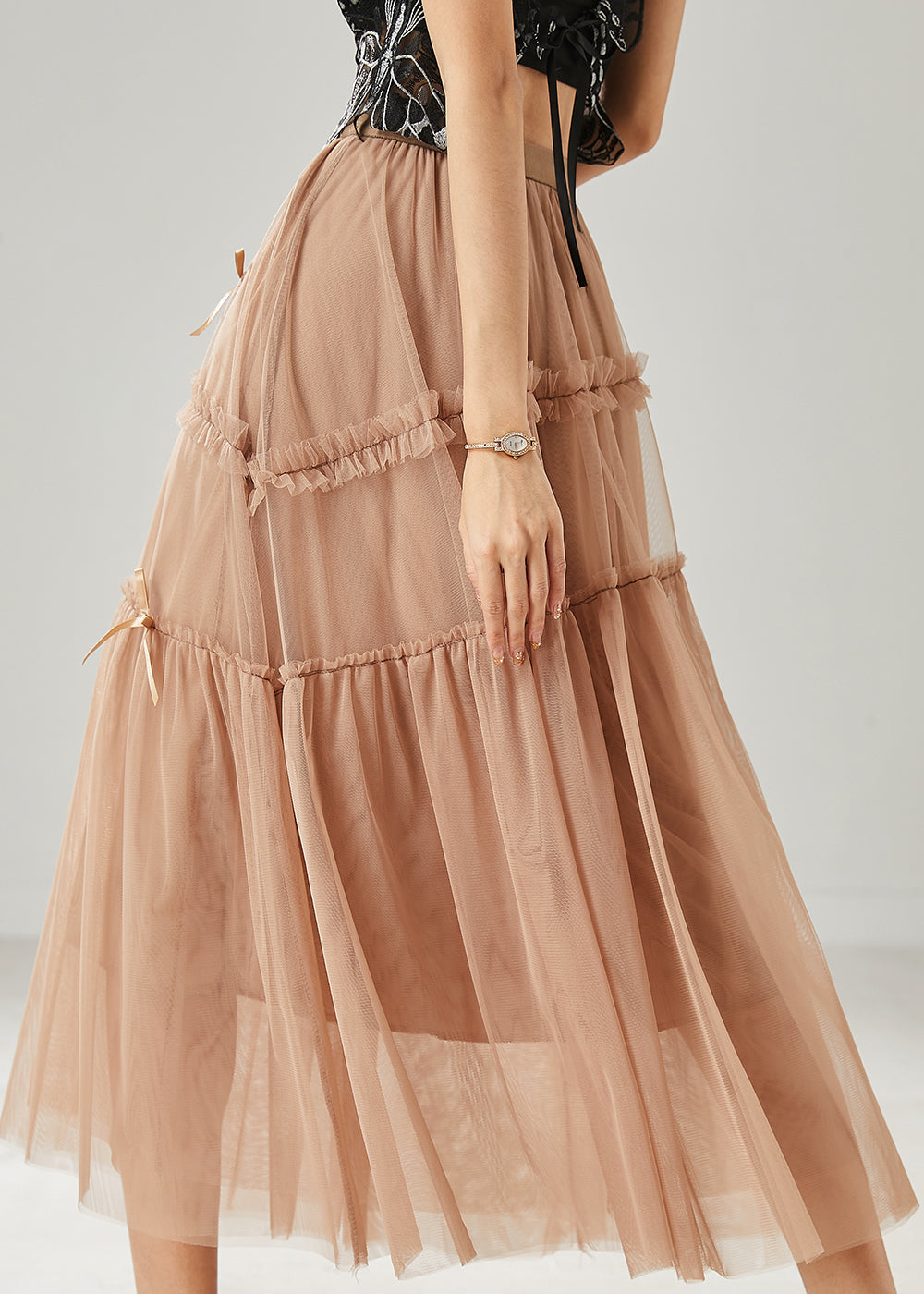 Belle jupe en tulle à volants avec nœud kaki pour l'été AZ1015