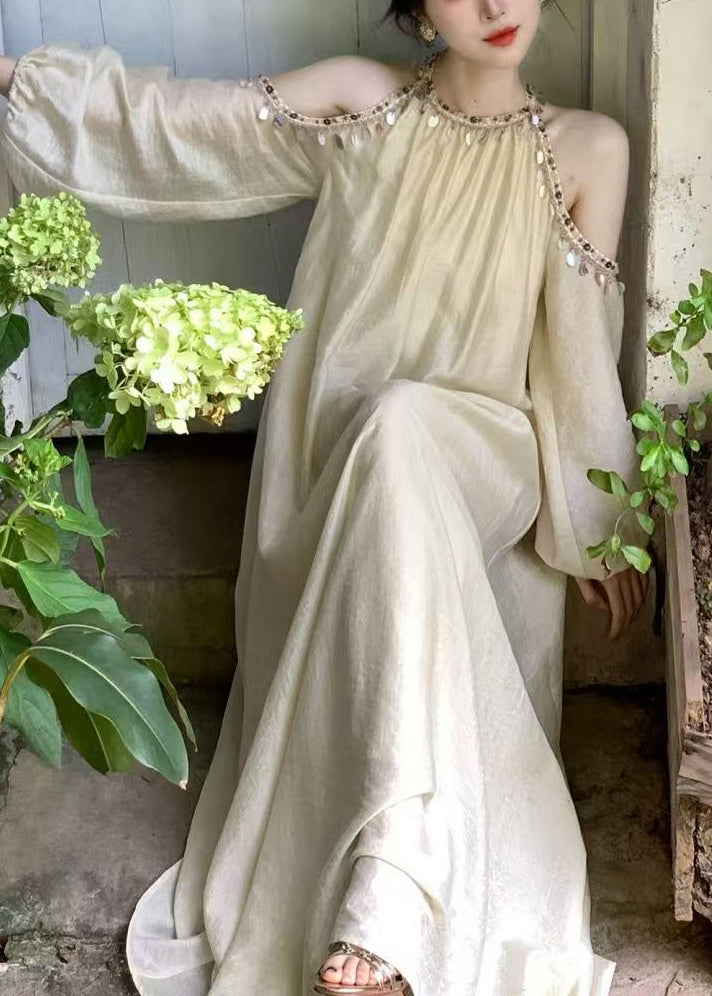 Robe longue style lanterne bohème en soie, manches longues, épaules dénudées, paillettes, abricot