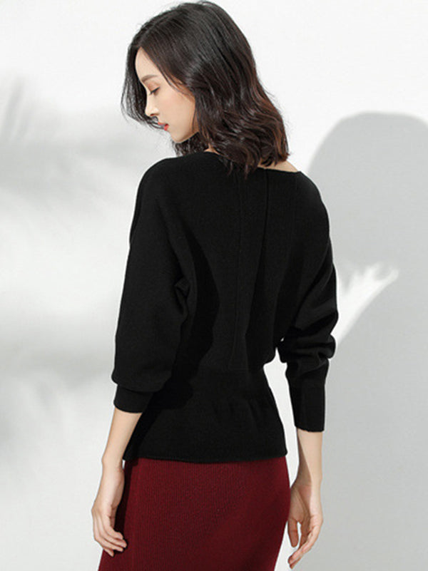 Elegante rote Tunika mit U-Boot-Ausschnitt, gerüschtem Saum und langen Ärmeln, Pullover AN1040