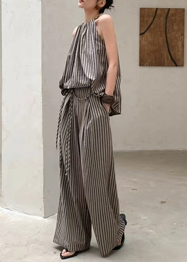 Ensemble deux pièces haut rayé café à la mode française, pantalon à jambes larges, été EE055