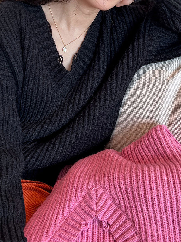 Pull en tricot à manches longues et col en V Urban Fuchsia AN1046