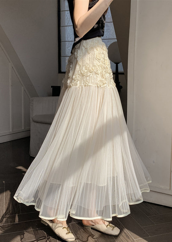 Jupes en tulle à taille élastique et motif floral beige uniques, printemps RV011