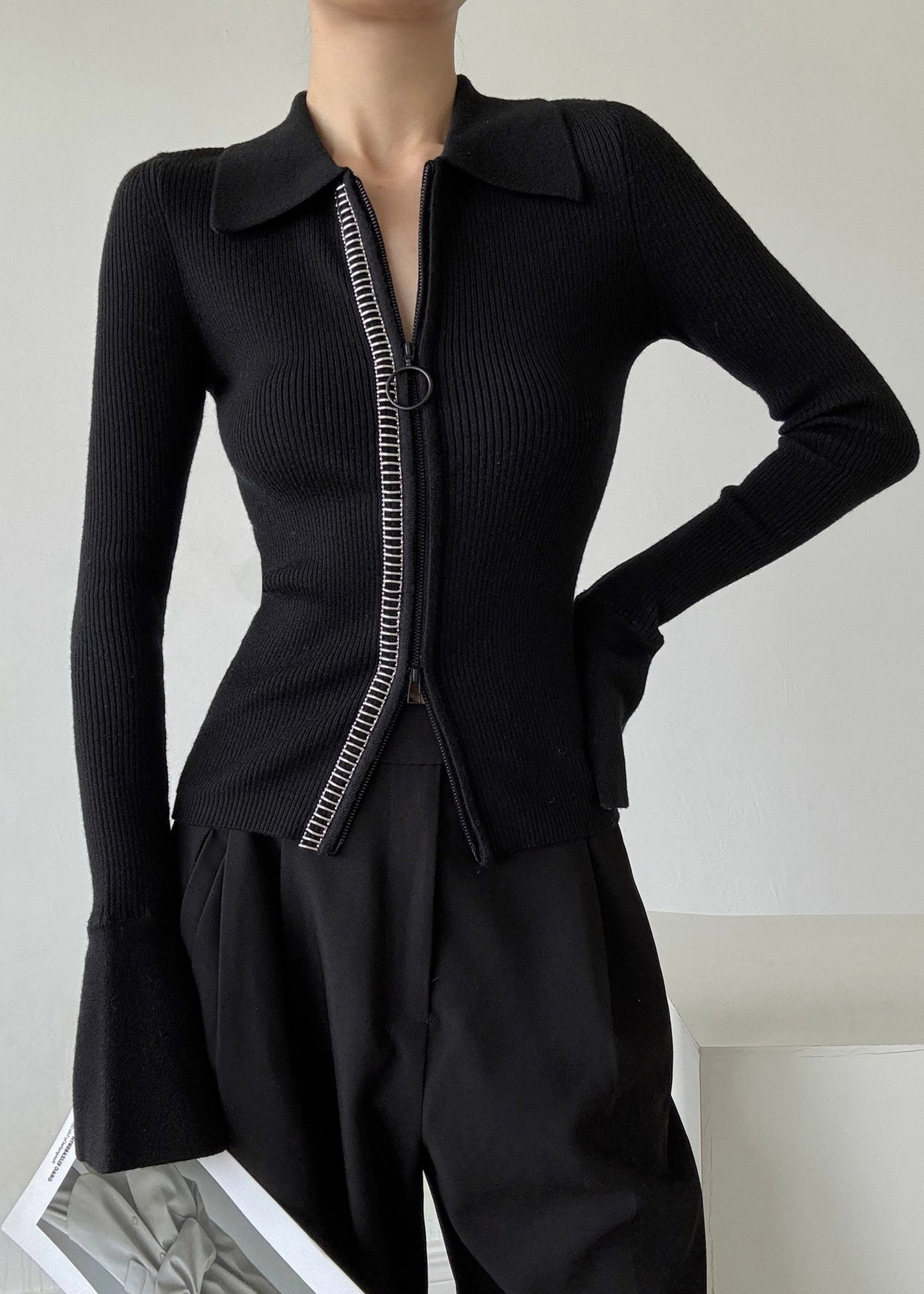 Pull en laine noir italien à col Peter Pan et fermeture éclair, style patchwork, hiver RV028