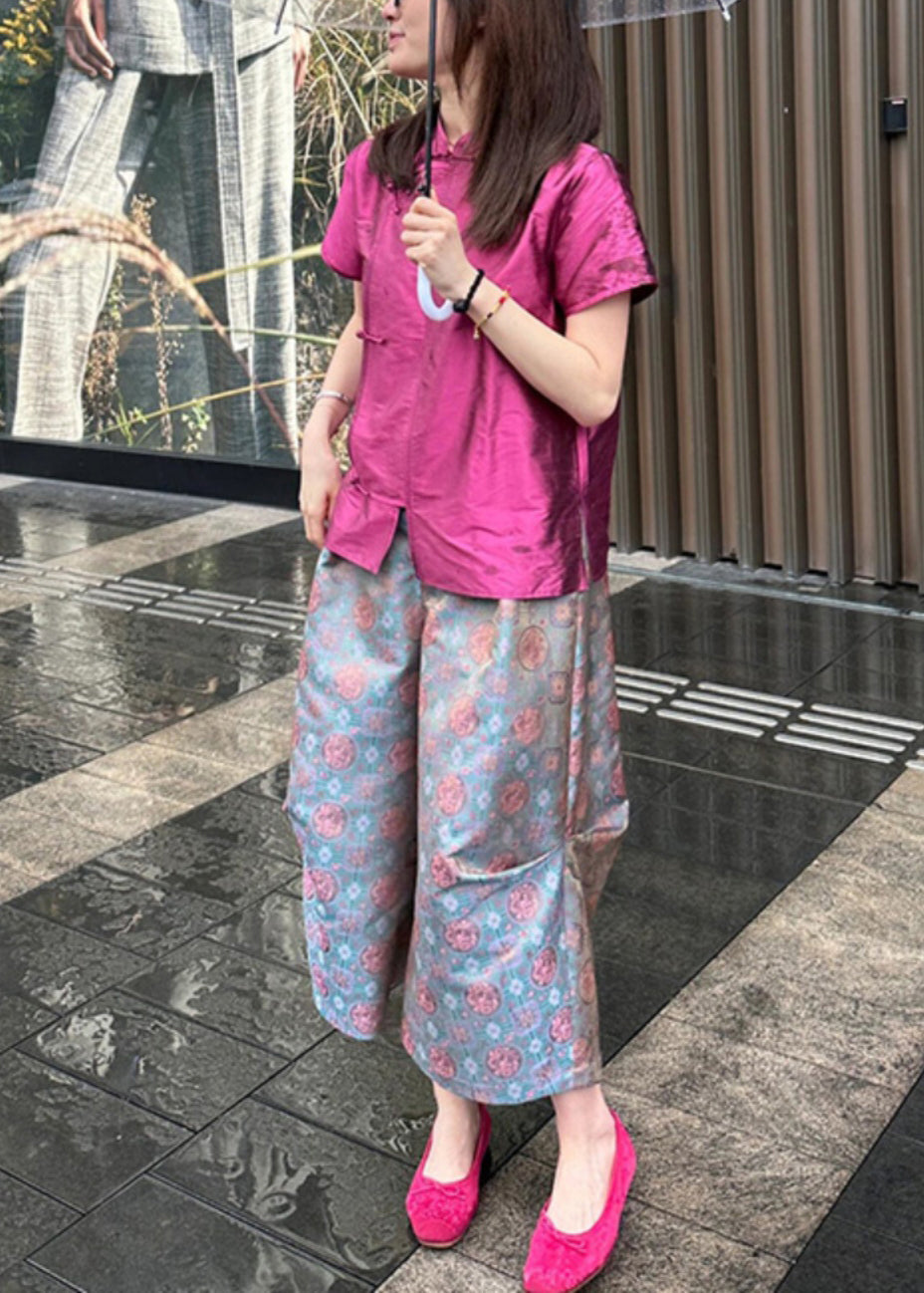 Ensemble deux pièces chemise à boutons roses et pantalon court pour l'été QP008